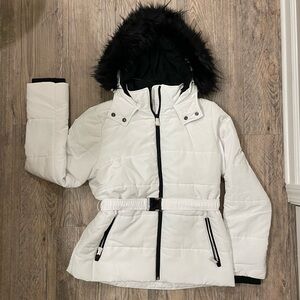 NWT White with black fur Express puffer winter jacket, size medium.